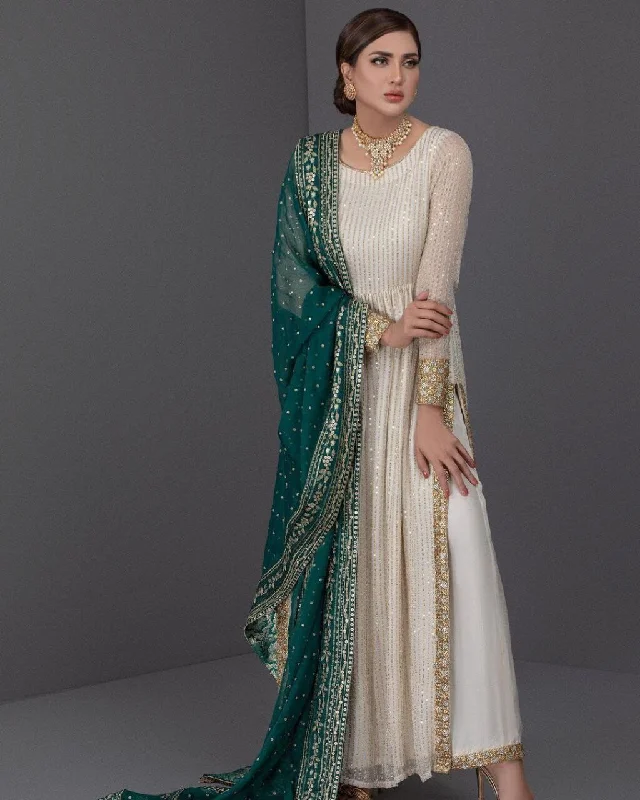 Comfort Wear Styles Warm Style G74 Sequence Work Long Georgette Slit Cut Designer Suit in 4 colors