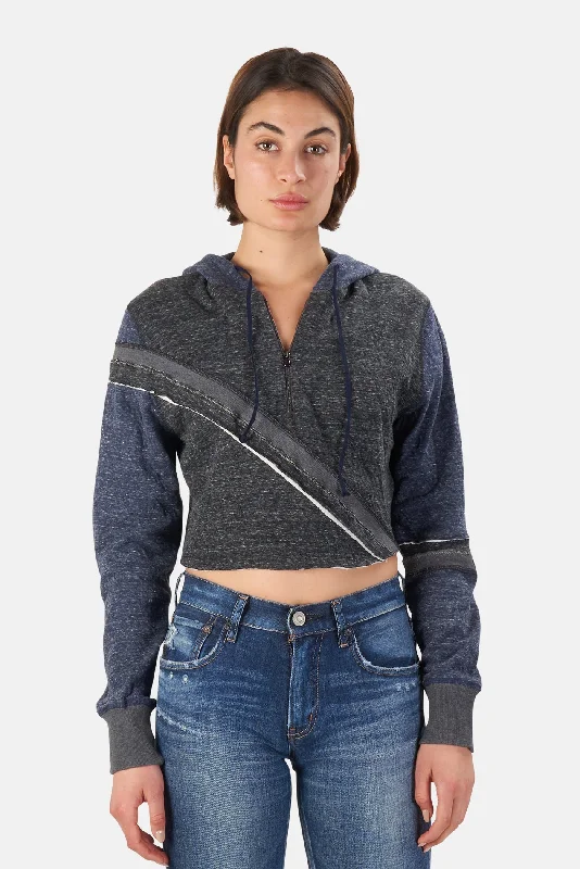 Casual Style Fits Cozy Essentials Distressed Patchwork 1/4 Zip Crop Hoodie Navy/Charcoal
