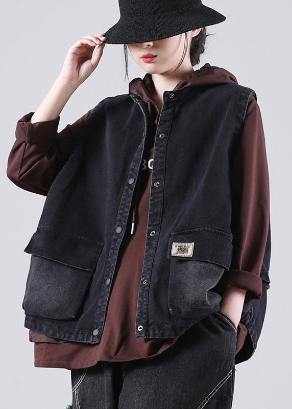 Casual Trend Pieces Soft Layers Women Black Stand Collar Pockets Button Fall Sleeveless Waistcoat Casual Trend Pieces Soft Layers Women Black Stand Collar Pockets Button Fall Sleeveless Waistcoat