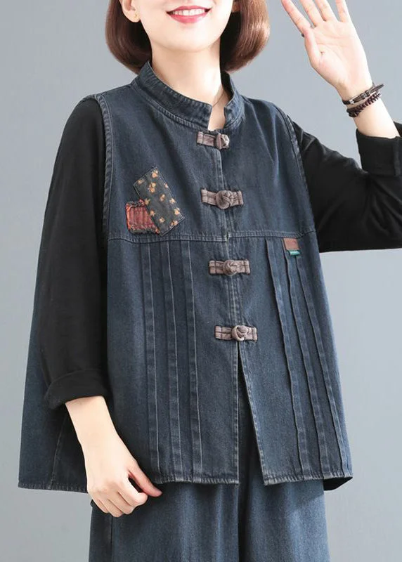 Comfortable Textiles Wear Everyday Chic Women Blue Stand Collar Patchwork Denim Coat Sleeveless Comfortable Textiles Wear Everyday Chic Women Blue Stand Collar Patchwork Denim Coat Sleeveless