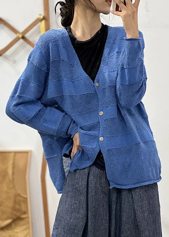 Cozy Everyday Outfits Soft Fashion Loose Blue V Neck Hollow Out Solid Cotton Knit Coat Fall Cozy Everyday Outfits Soft Fashion Loose Blue V Neck Hollow Out Solid Cotton Knit Coat Fall