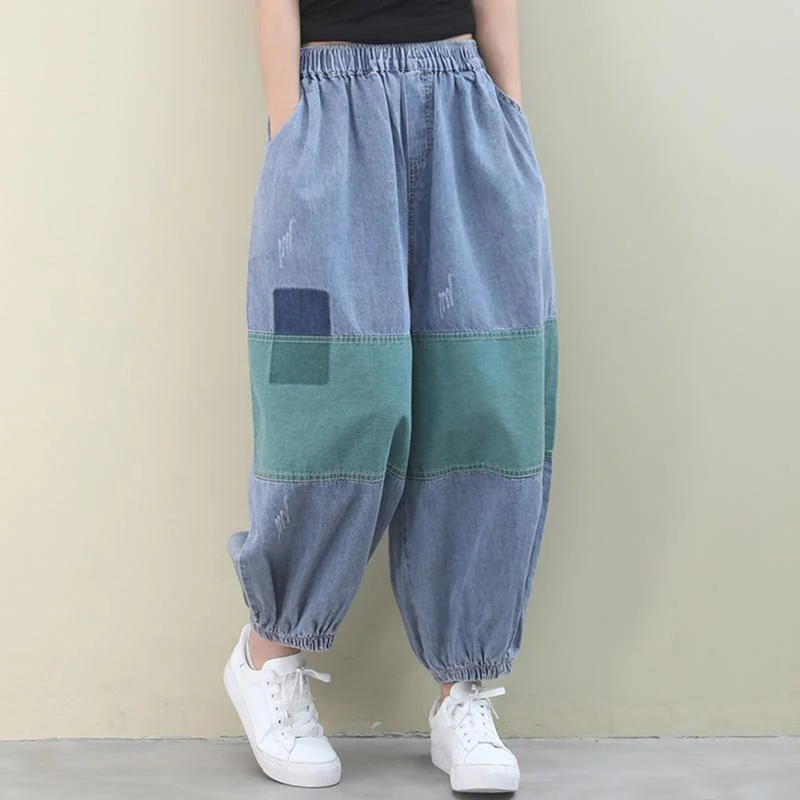 Stylish Daily Outfits Relaxed Outfits Italian women pants denim blue pattern elastic waist patchwork green trousers Stylish Daily Outfits Relaxed Outfits Italian women pants denim blue pattern elastic waist patchwork green trousers