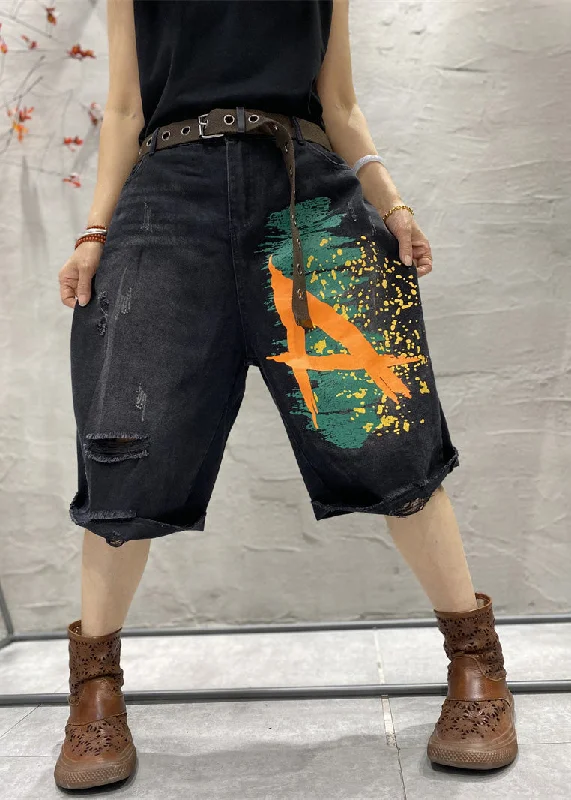 Modern Fitwear Chic Layers Loose Black Print High Waist Denim Ripped Shorts Summer