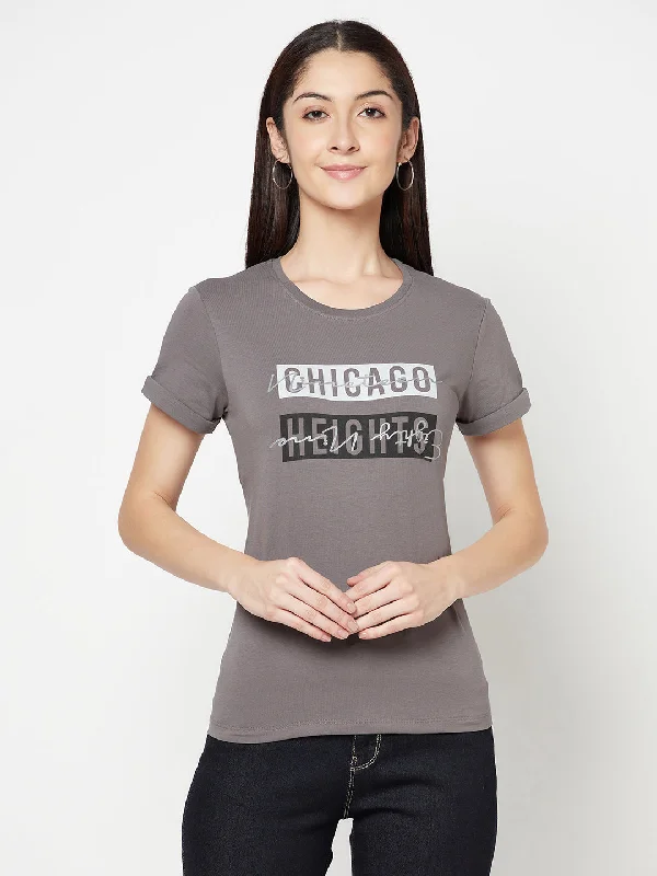 Cozy Street Looks Street Comfort Women's Casual Regular Short Sleeve Grey   Round neck Typographic Print T-Shirt