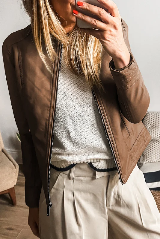 Smart Fashionwear Simple Comforts Chestnut Solid Faux Leather Slim Fit Jacket