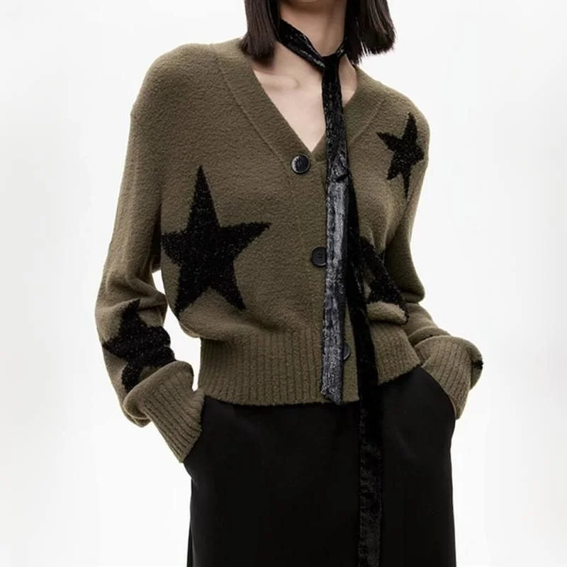 Practical Chic Wear Day Comfort Women Stars Pattern V-Neck Cardigan