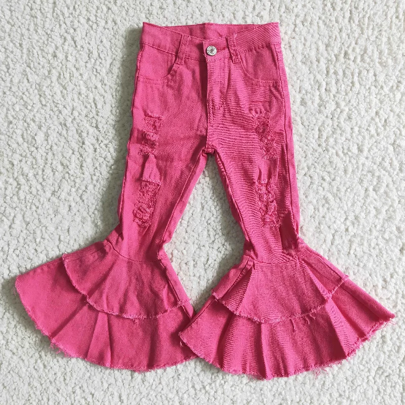 Comfy Clothing Choices Casual Layers D14-14 fashion girl rose red solid color jeans  babys high quality double ruffle bell bottoms