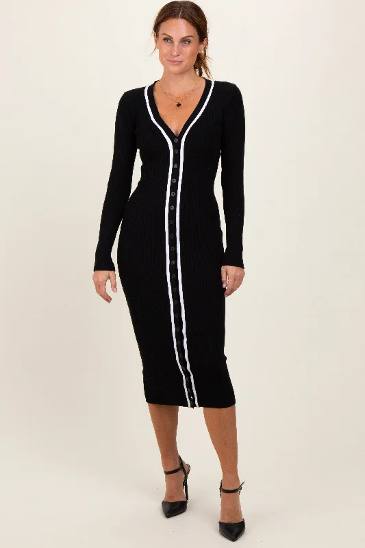 Modern Fitwear Affordable Style Black Knit Contrast Stripe Button Down Dress