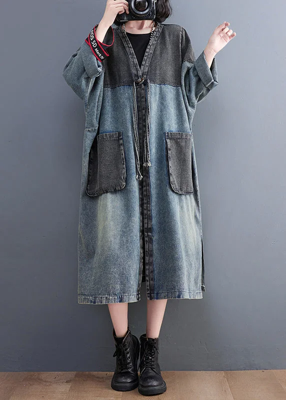 Effortless Wear Fits Sleek Comfort Vintage Denim Blue V Neck Patchwork Trench Coat Spring