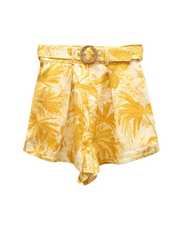 Soft and Casual Looks Cozy Styles Zimmermann Mae Palm Tuck Shorts in Multicolor Linen