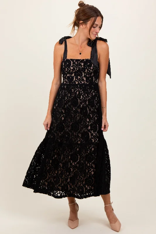 Effortless Chic Looks Sleek Comfort Black Velvet Lace Shoulder Bow Maxi Dress