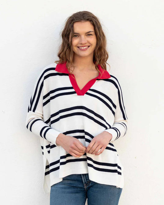 Casual Layers Chic Everyday Wear Mersea Catalina Polo Sweater Navy Stripes