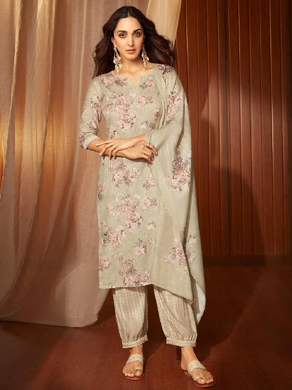 Practical Chic Wear Simple Comfort Style Green Printed Cotton Straight Suit With Dupatta