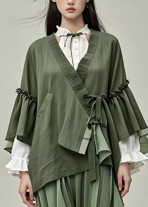 Budgeted Comfortable Wear Soft Look Original Army Green Ruffled Lace Up Patchwork Cotton Coat Batwing Sleeve Budgeted Comfortable Wear Soft Look Original Army Green Ruffled Lace Up Patchwork Cotton Coat Batwing Sleeve