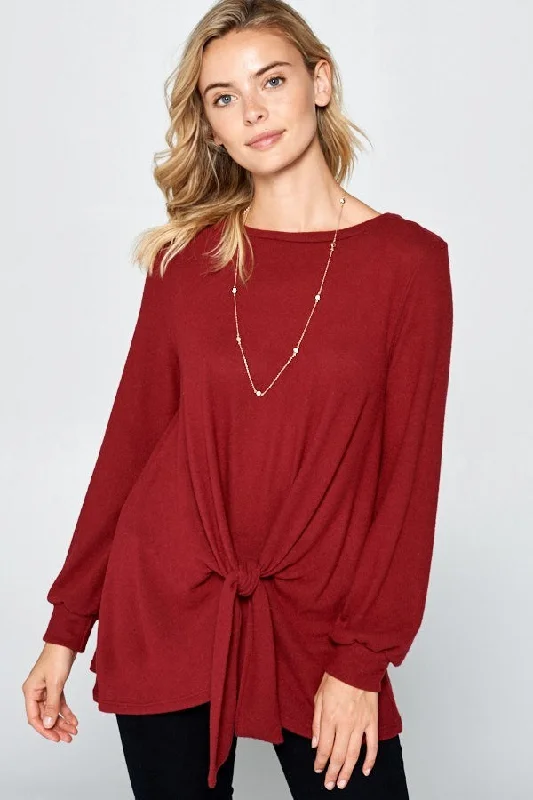 Cozy Fashion Trends Casual Vibes Full Size Round Neck Knot Front Hacci Blouse