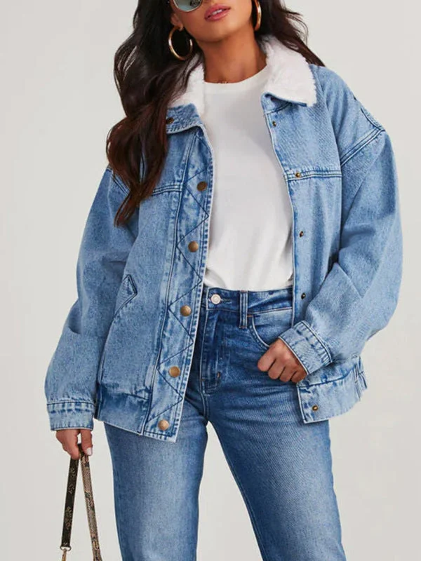Simple Stylish Wear Fashionable Comfortwear Denim Cotton Loose Fur Collar Large Lapel Double Pocket Quilted Jacket