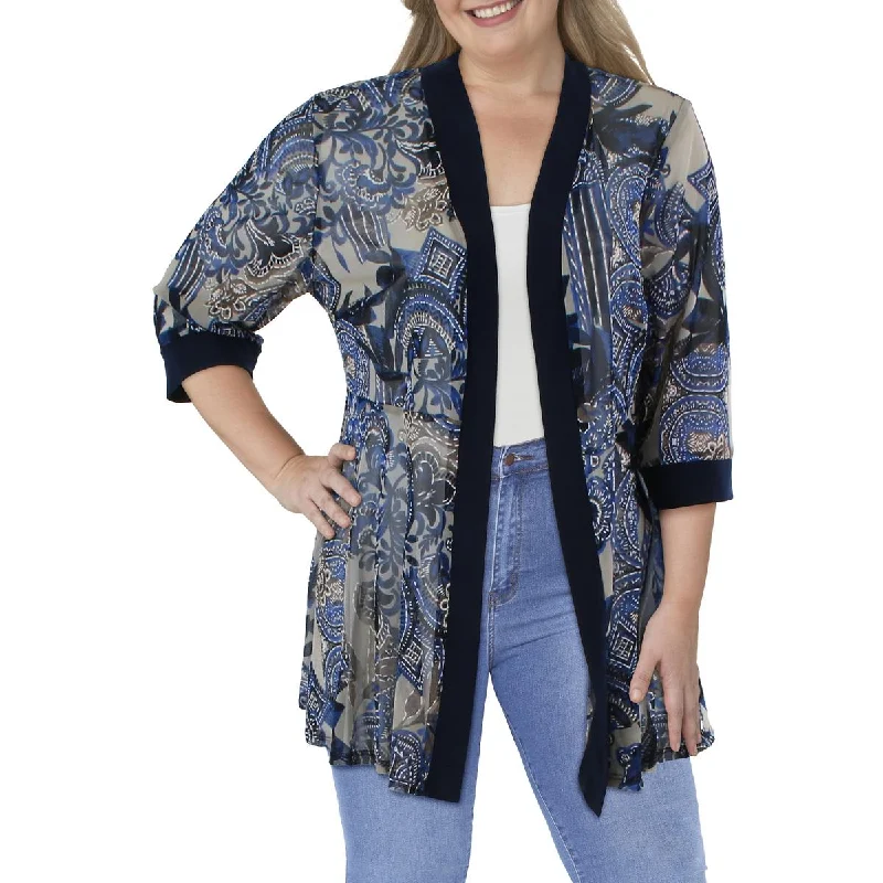 R&M Richards Womens Plus Mesh Printed Duster Blazer