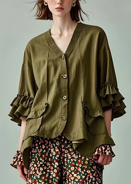 Street Comfortwear Comfortable Apparel Modern Army Green V Neck Button Patchwork Cotton Coats Petal Sleeve Street Comfortwear Comfortable Apparel Modern Army Green V Neck Button Patchwork Cotton Coats Petal Sleeve