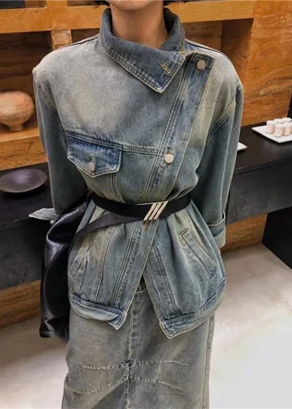 Street Chic Clothing Chic Fit Vintage Blue Patchwork Button Sashes Denim Coats Fall