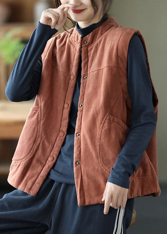Relaxed Street Styles Day Comfort Women Orange Stand Collar Button Pockets Winter Sleeveless Waistcoat Relaxed Street Styles Day Comfort Women Orange Stand Collar Button Pockets Winter Sleeveless Waistcoat