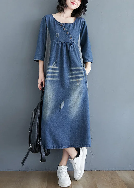 Warm Comfortable Pieces Comfortable Apparel Simple Blue O-Neck Patchwork Wrinkled Denim Long Dress Spring Warm Comfortable Pieces Comfortable Apparel Simple Blue O-Neck Patchwork Wrinkled Denim Long Dress Spring