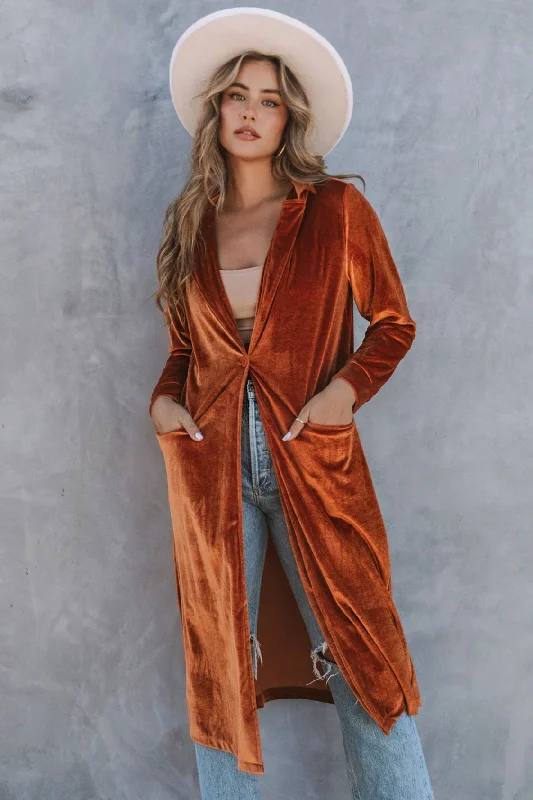 Honey Collared Neck Longline Velvet Cardigan with Pockets