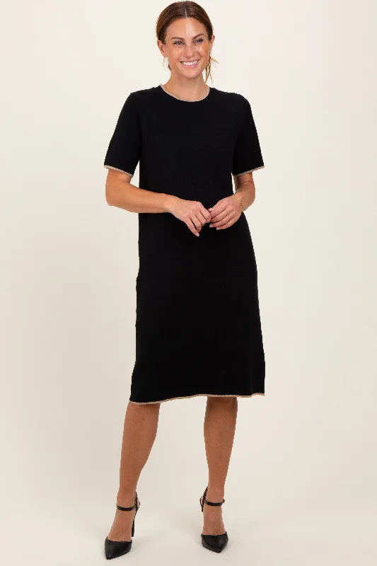 Relaxed and Fashionable Affordable Layers Black Knit Short Sleeve Contrast Trim Dress