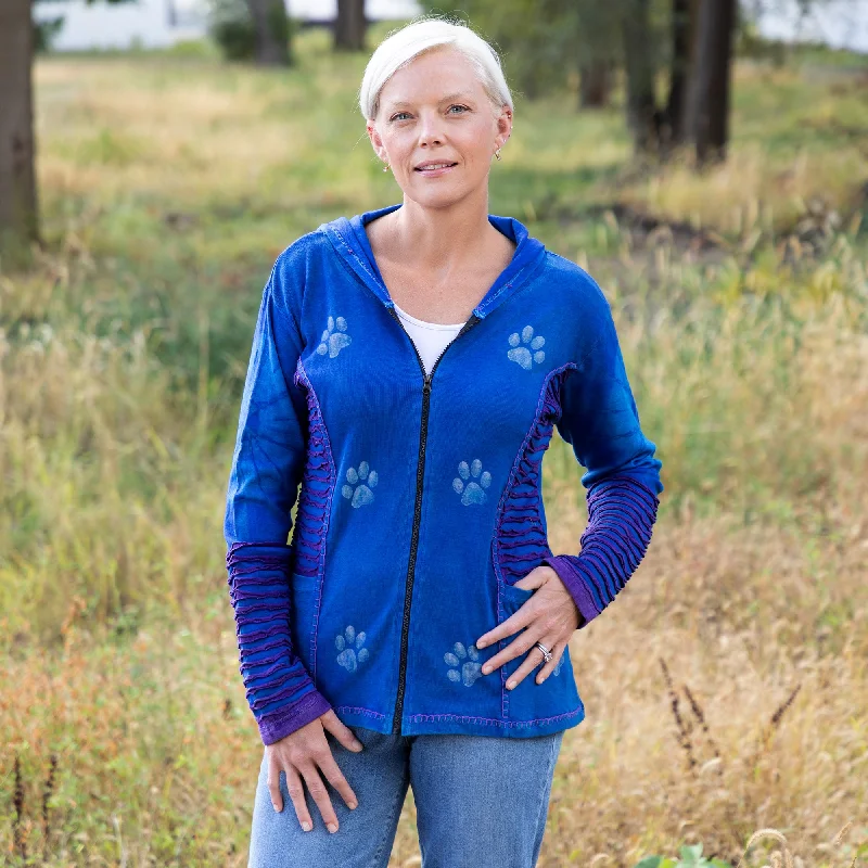 Warm Comfortable Pieces Stylish Attire Blue & Purple Stonewashed Paw Print Hooded Jacket | Fair Trade Warm Comfortable Pieces Stylish Attire Blue & Purple Stonewashed Paw Print Hooded Jacket | Fair Trade