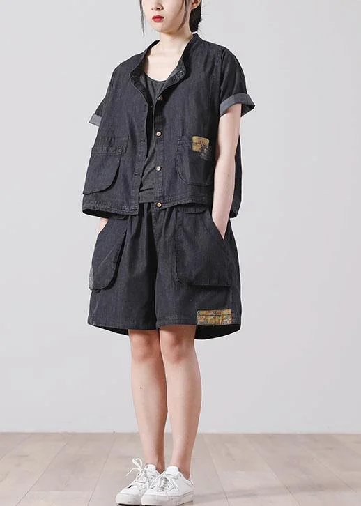 Comfortable Textiles Wear Relaxed Fit Apparel French Pockets hot pants Denim Black Short Sleeve Two Pieces Set