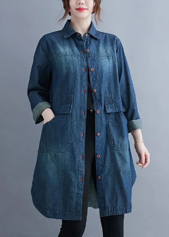 Cozy Wearable Styles Daily Chic Classy Blue Peter Pan Collar Pockets Denim Coats Long Sleeve