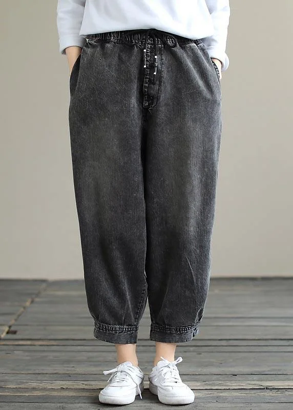 Comfy Daily Outfits Warm Layers Modern Spring Wide Leg Pants Trendy Plus Size Denim Gray Sewing Elastic Waist Pockets Jeans