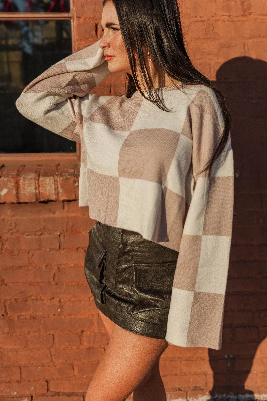 Brentwood Checkered Cropped Sweater- Taupe