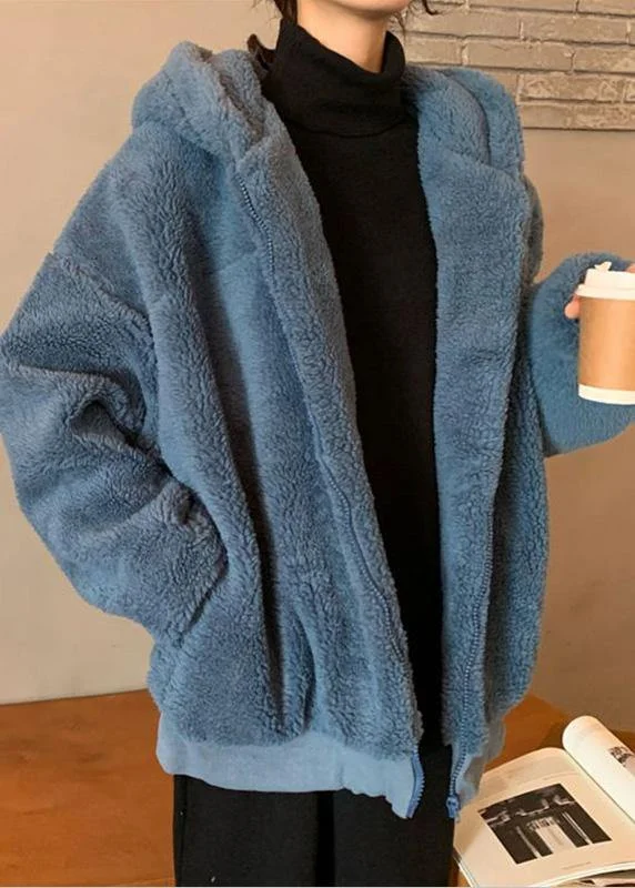 Practical Streetwear Cozy Looks Fashion blue woolen overcoat Loose fitting mid-length coats hooded winter outwear
