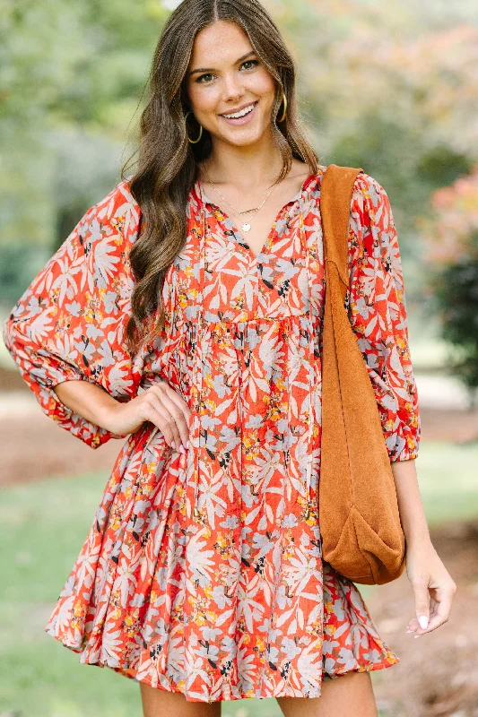 Chic Layering Street Comfortwear By Your Side Rust Orange Floral Dress