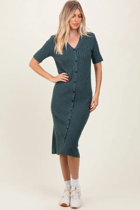 Chic Comfort Pieces Easy Fashion Forest Green Button Down Sweater Midi Dress