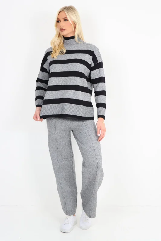Cozy Fit Outfits Street Chic Button Detail Shoulder Stripe Pattern Top and Trouser Co - Ord Set Cozy Fit Outfits Street Chic Button Detail Shoulder Stripe Pattern Top and Trouser Co - Ord Set