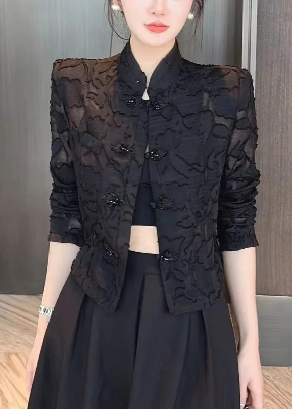 Trendy Easywear Effortless Style Slim Fit Black Stand Collar Embroideried Lace UPF 50+ Coats Long Sleeve Trendy Easywear Effortless Style Slim Fit Black Stand Collar Embroideried Lace UPF 50+ Coats Long Sleeve