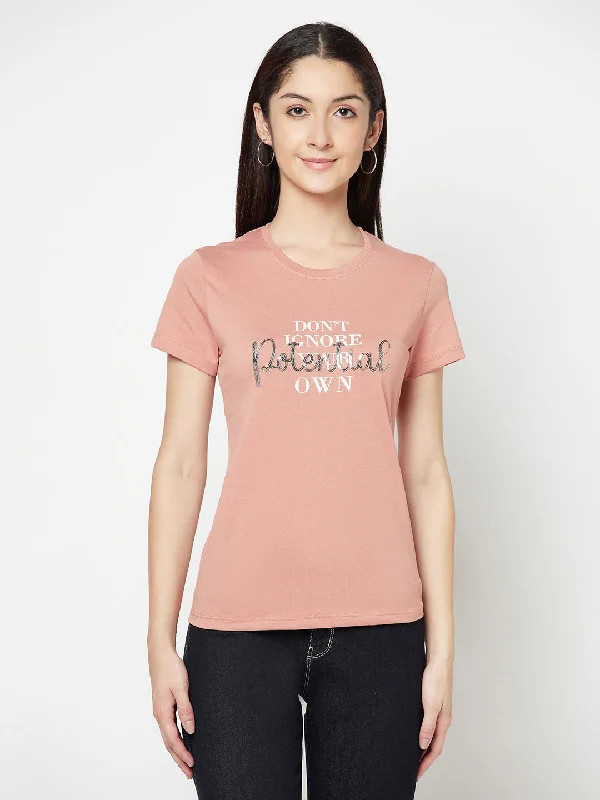 Effortless Wear Fits Chic Essentials Women's Casual Regular Short Sleeve Coral Round neck Sequin work & Print T-Shirt Effortless Wear Fits Chic Essentials Women's Casual Regular Short Sleeve Coral Round neck Sequin work & Print T-Shirt