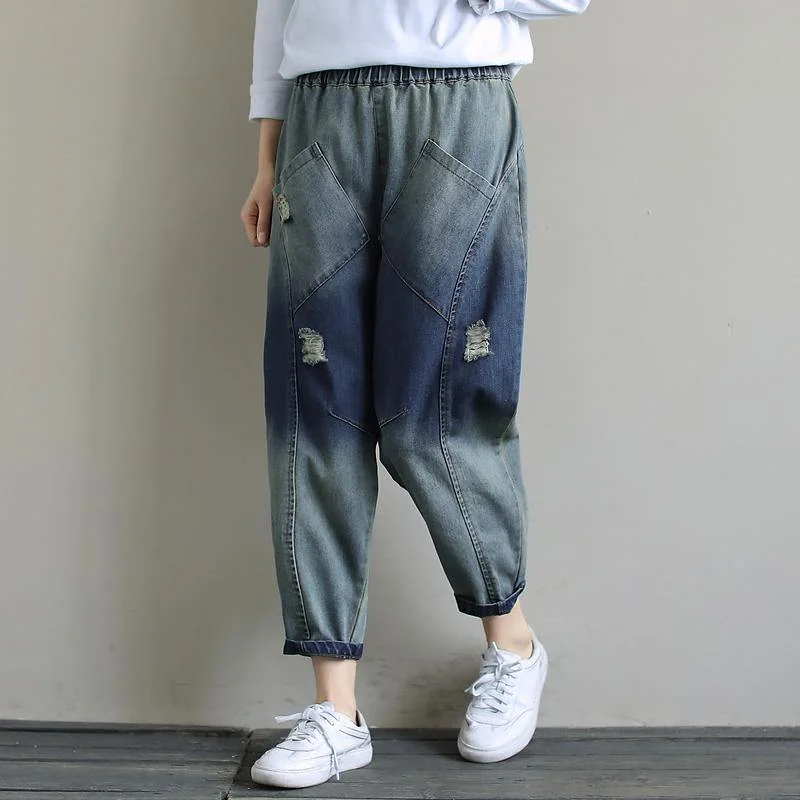 Simple Fashion Layers Comfort-driven Style Elegant Spring Casual Pants Stylish Denim Dark Blue Shape Elastic Waist Hole Wild Pants Simple Fashion Layers Comfort-driven Style Elegant Spring Casual Pants Stylish Denim Dark Blue Shape Elastic Waist Hole Wild Pants