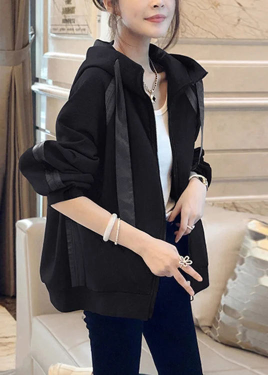 Simple Chic Wear Cozy Wardrobe Loose Black Hooded Lace Up Patchwork Cotton Coat Fall Simple Chic Wear Cozy Wardrobe Loose Black Hooded Lace Up Patchwork Cotton Coat Fall