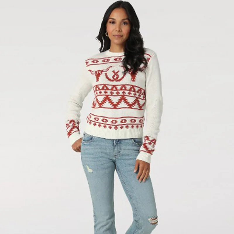 Cozy Wearable Styles Casual Vibes Wrangler Women's White/Red Skull Sweater