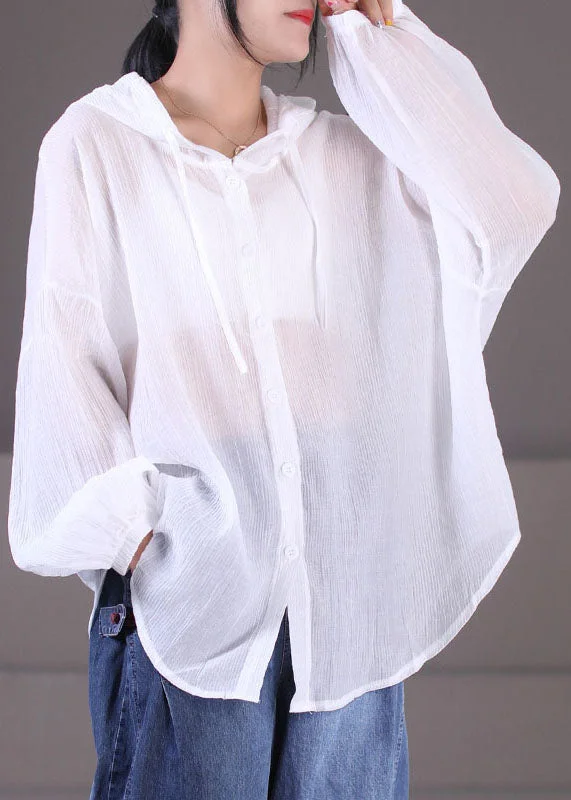 Warm Comfortable Pieces Practical Layers Women White Solid Color Drawstring Hooded Cotton Loose Coat Long Sleeve