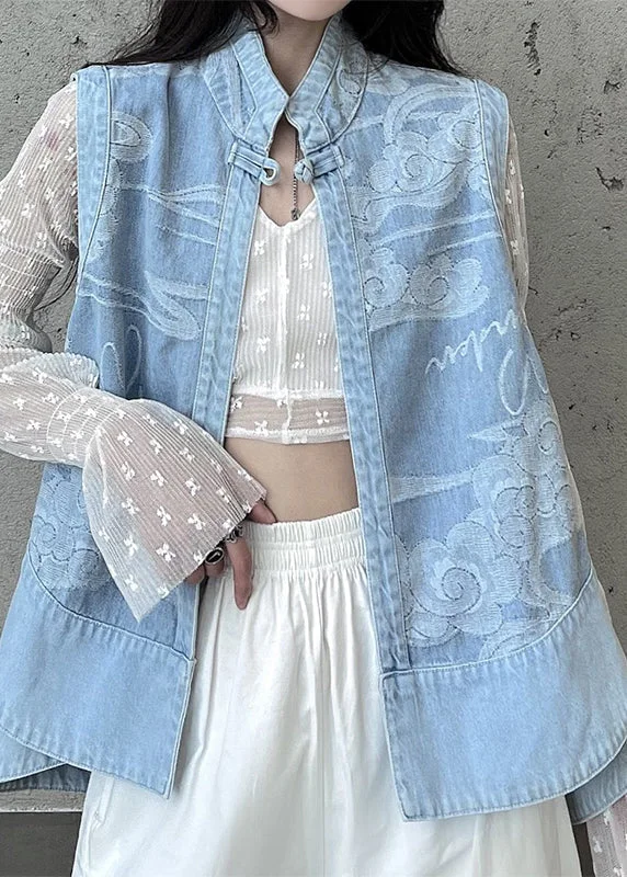 Everyday Comfort Wear Comfortable Fit Italian Light Blue Stand Collar Print Patchwork Denim Waistcoat Fall Everyday Comfort Wear Comfortable Fit Italian Light Blue Stand Collar Print Patchwork Denim Waistcoat Fall