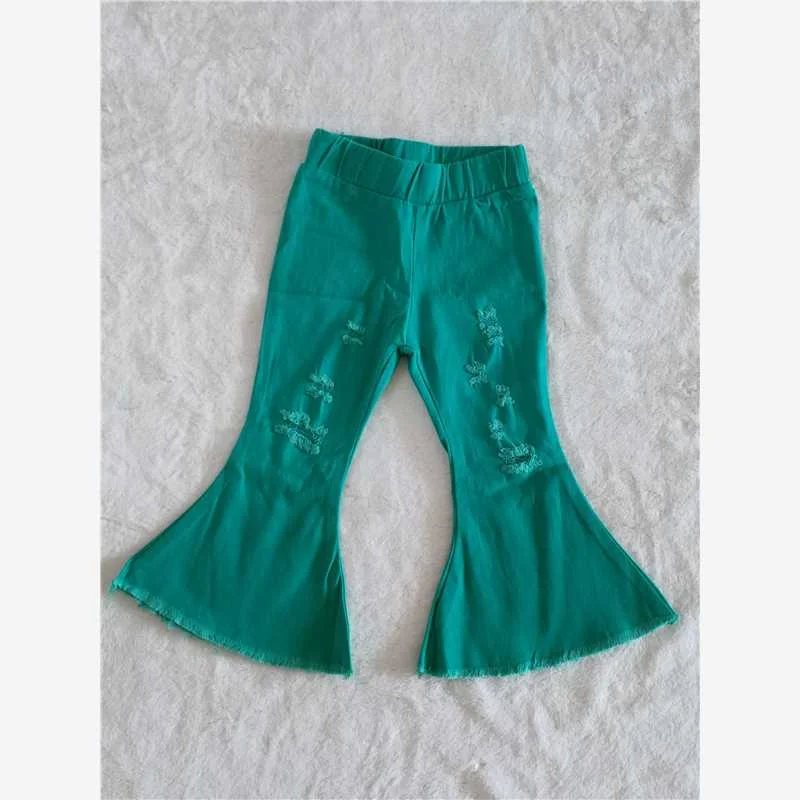 Simple Wear Warm Style baby girl green holes bell pants with elastic waist