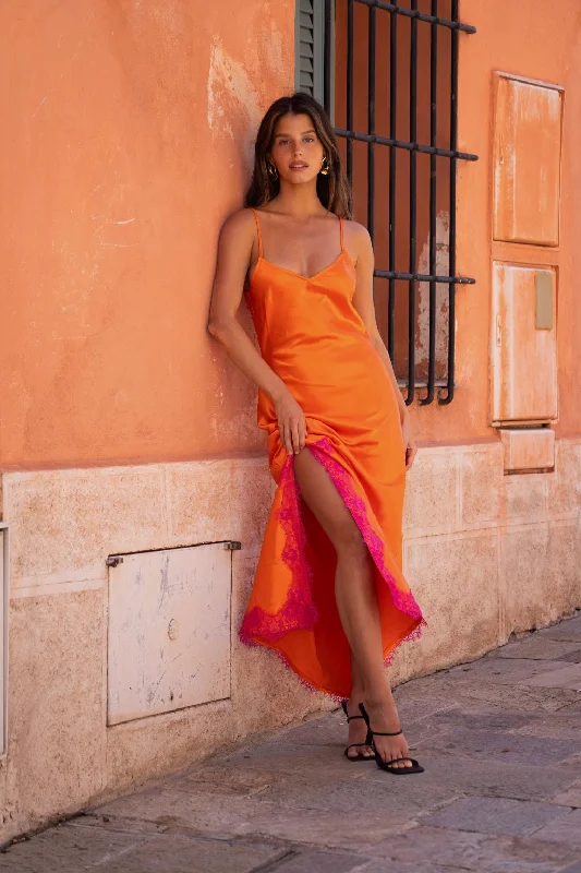 Fashion Layering Pieces Comfortable Layering Gigi Orange Satin Maxi Dress