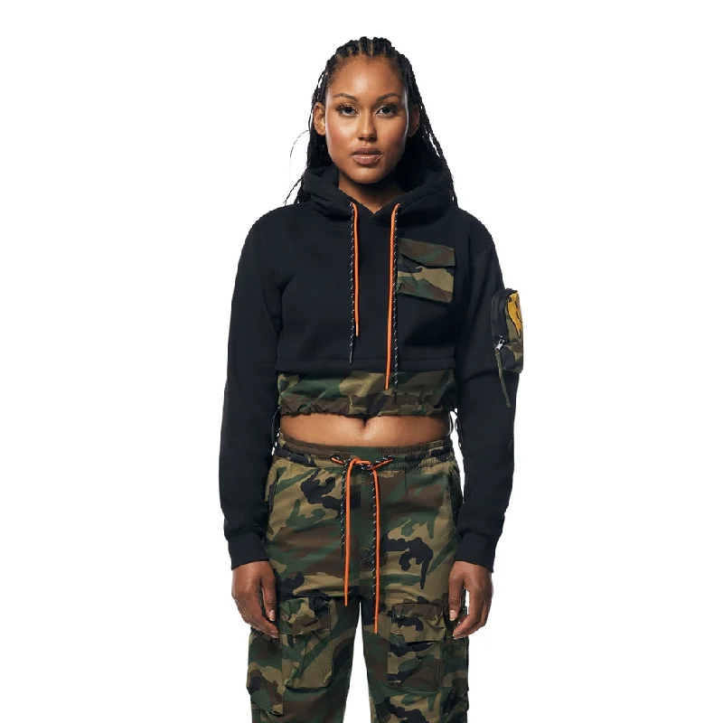 Smart Comfort Wear Cozy Wearables Cropped Mix Media Fleece Hoodie - Black