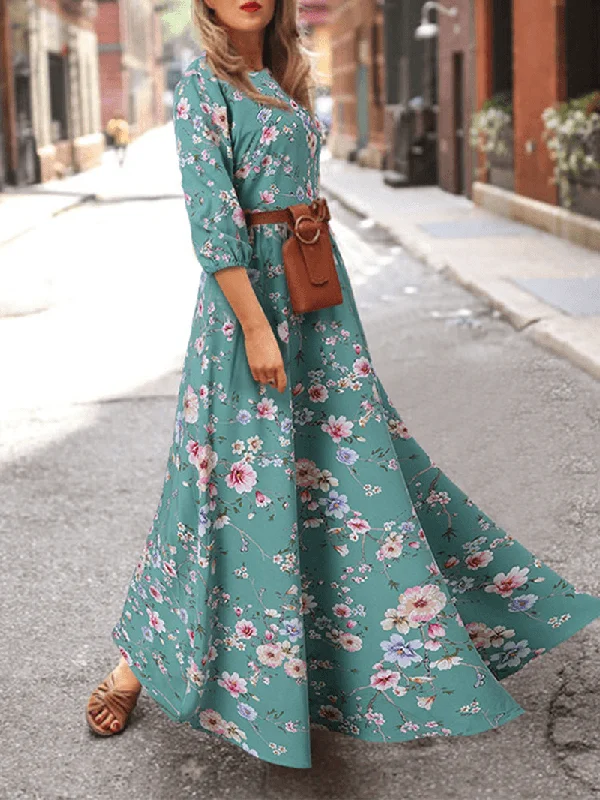 Cozy Fabric Fits Soft Fashion Women Bohemia Floral Print O-Neck Casual Half Sleeve Holiday Maxi Dresses
