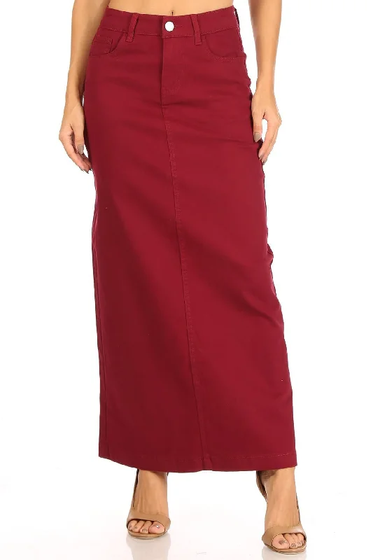 Warm and Soft Textiles Practical Comfort Ava Long Color Denim Skirt in Wine