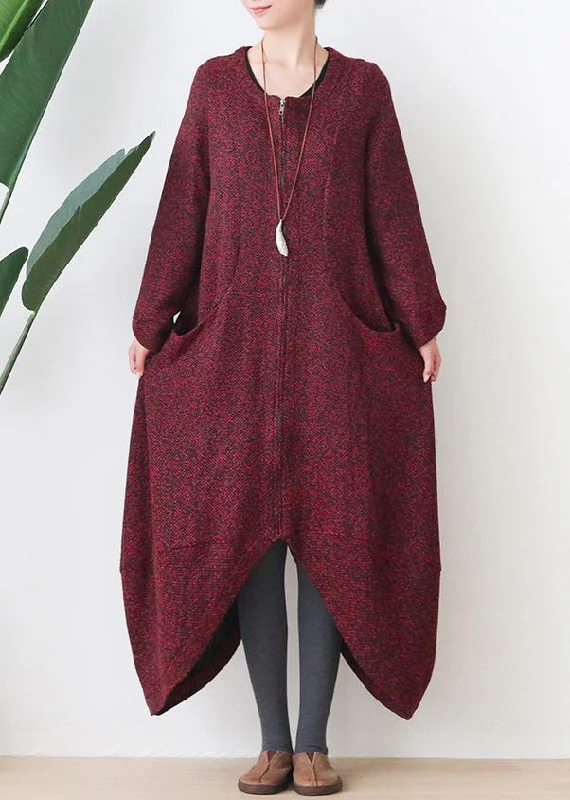 Comfortable Textiles Wear Stylish Outfits Fashion oversize medium length coat winter coats red v neck asymmetric Wool jackets