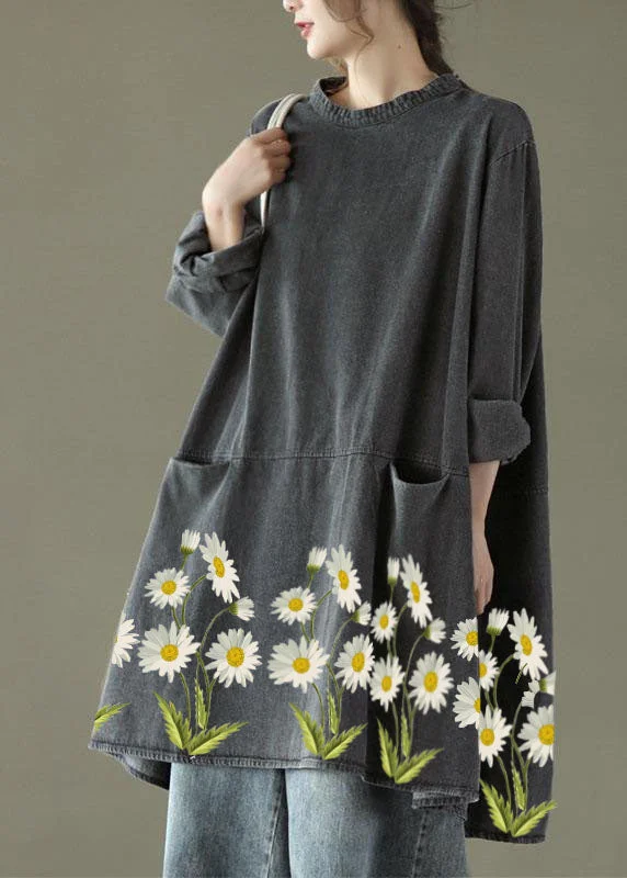 Comfy Clothing Choices Versatile Chic Boho Black Grey-yellow flower O-Neck Pockets Denim Long Dresses Long Sleeve Comfy Clothing Choices Versatile Chic Boho Black Grey-yellow flower O-Neck Pockets Denim Long Dresses Long Sleeve